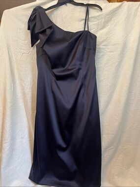 Eliza J Midnight Navy One-Shoulder Satin Dress with Shoulder Bow